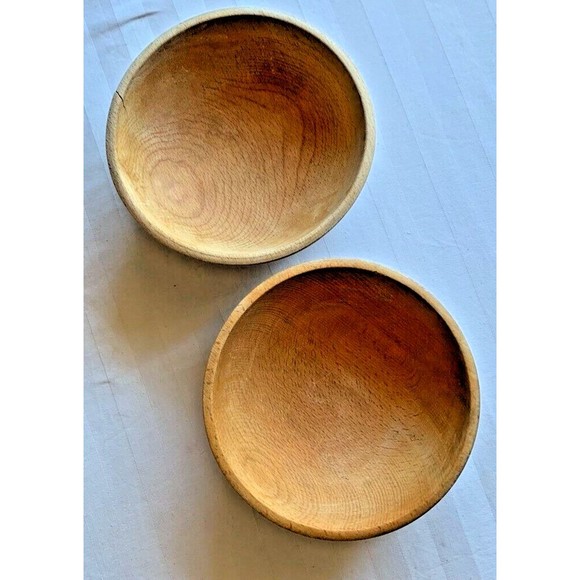 Set of 2 Vintage Round 5.75” Light Natural Wood Grain Wooden Salad Serving Bowls - Picture 1 of 7